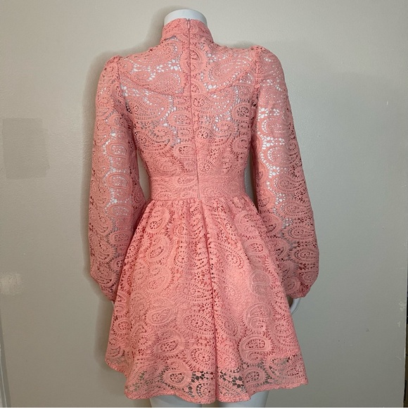 Blush pink V-neck floral crochet lace long sleeve mini dress - Picture 2 of 8